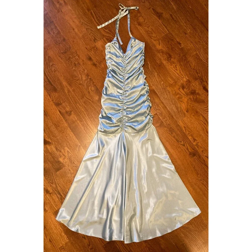 Jessica McClintock Vintage Blue Ruched Halter Neck Prom Formal Dress Size 2 - Picture 8 of 14